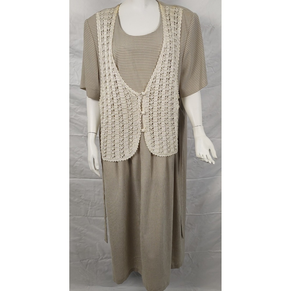 Vintage dress 20W pearl faux vest shoulder pads gingham beige mom costume 90's